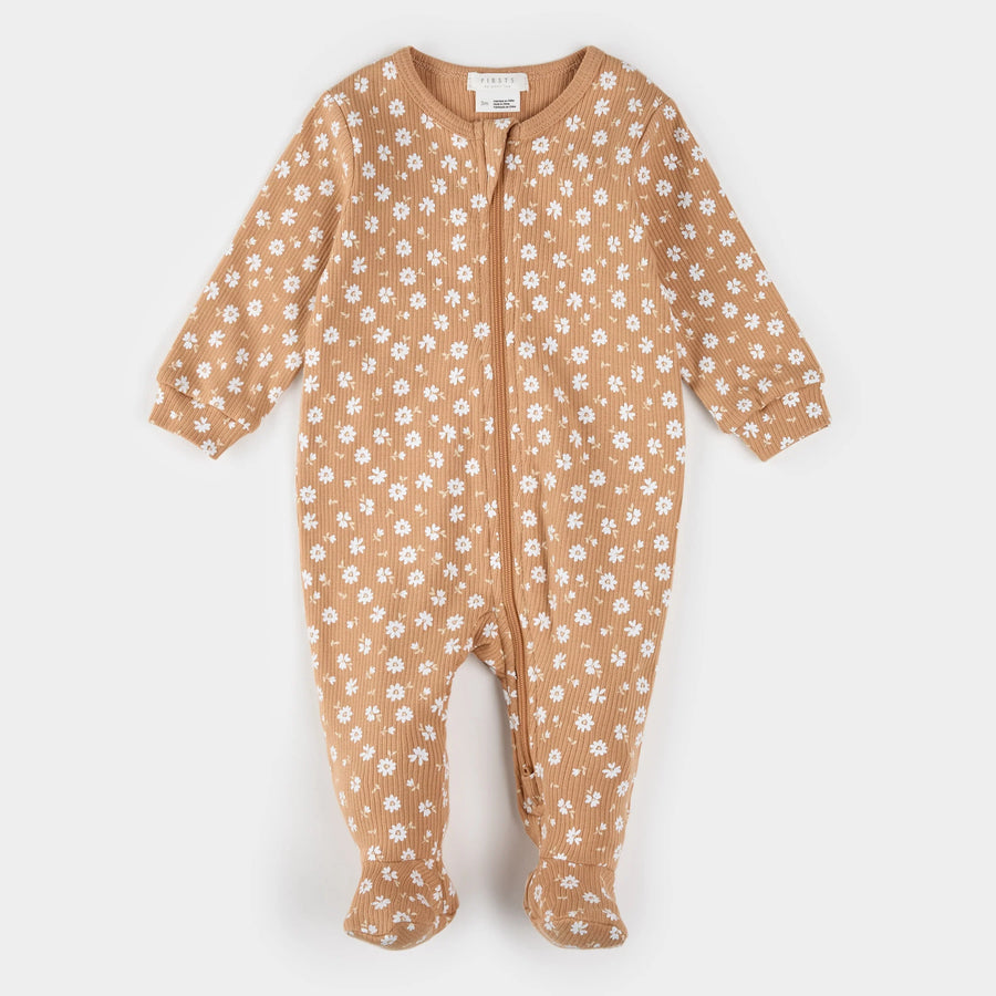 Rosy Mango Floral Ribbed Zipper Footie