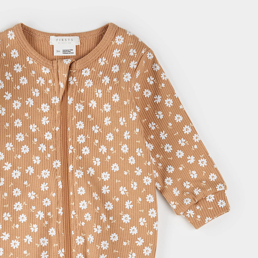 Rosy Mango Floral Ribbed Zipper Footie