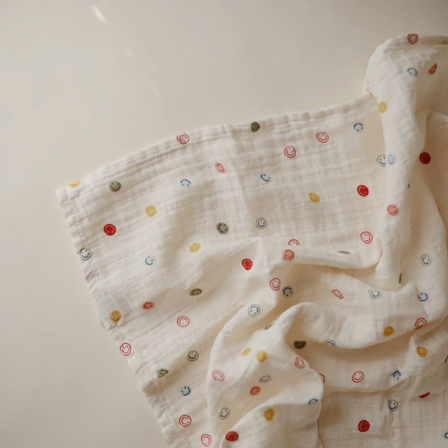 Organic Cotton Muslin Swaddle - Smiley Face