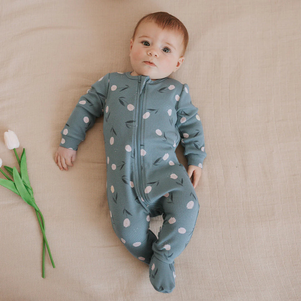 Sea Blue Tulips Ribbed Zipper Footie