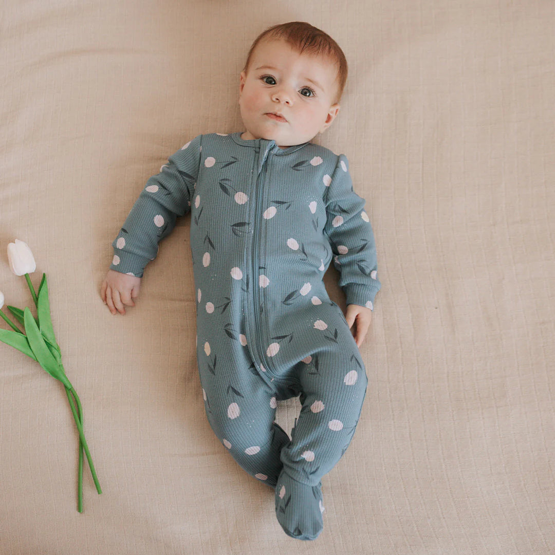 Sea Blue Tulips Ribbed Zipper Footie