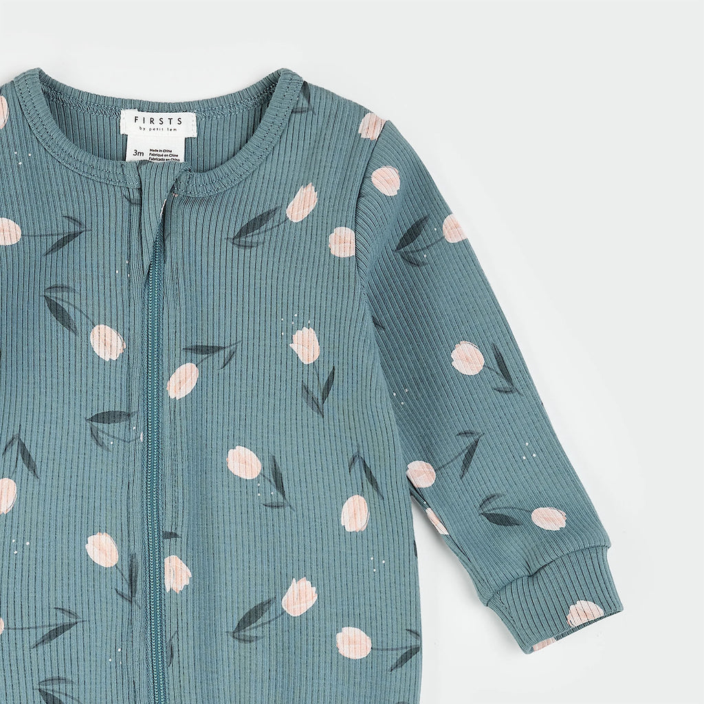 Sea Blue Tulips Ribbed Zipper Footie