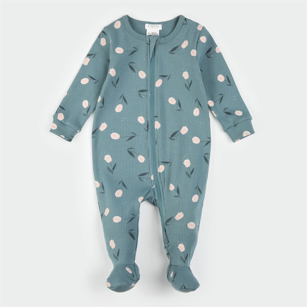 Sea Blue Tulips Ribbed Zipper Footie