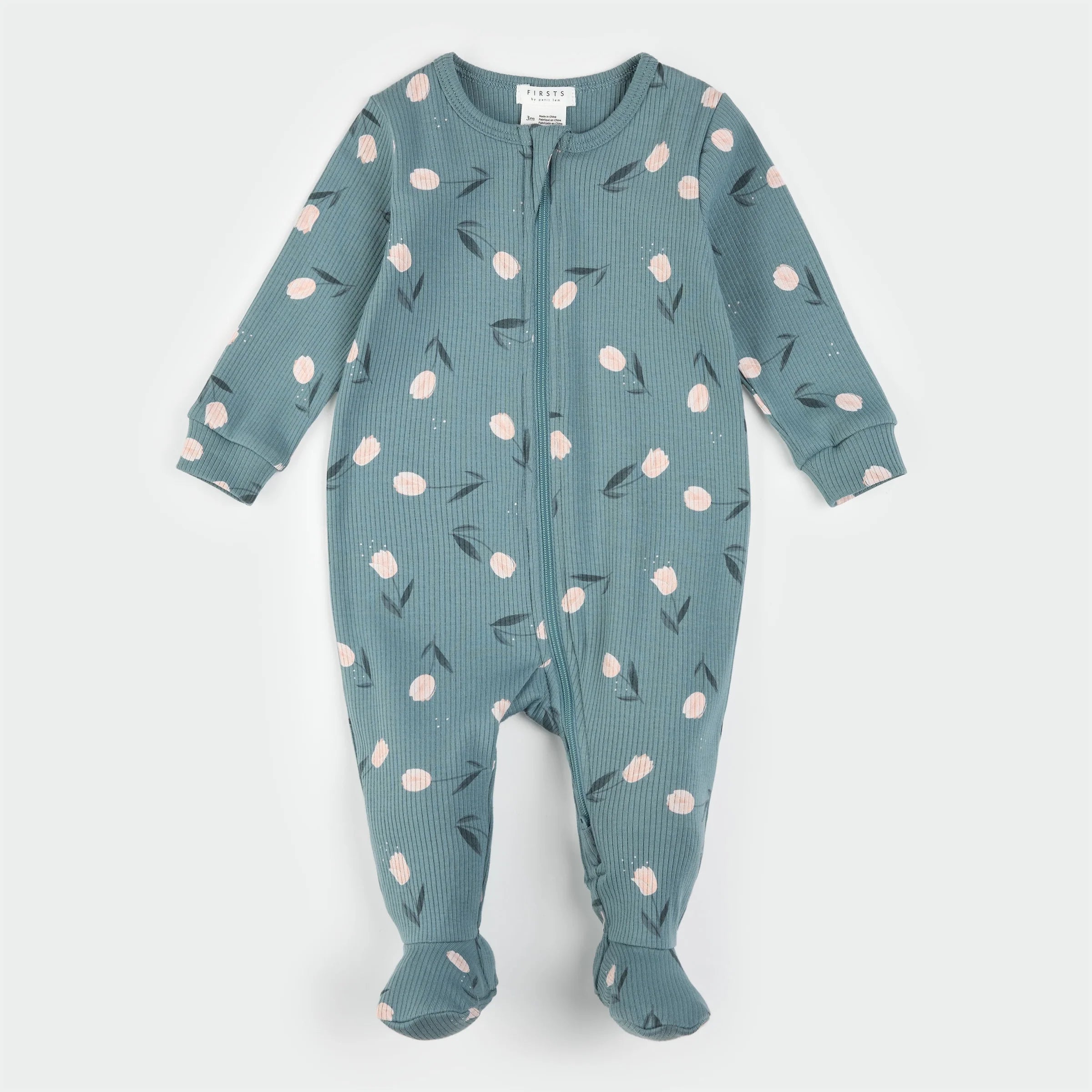 Sea Blue Tulips Ribbed Zipper Footie