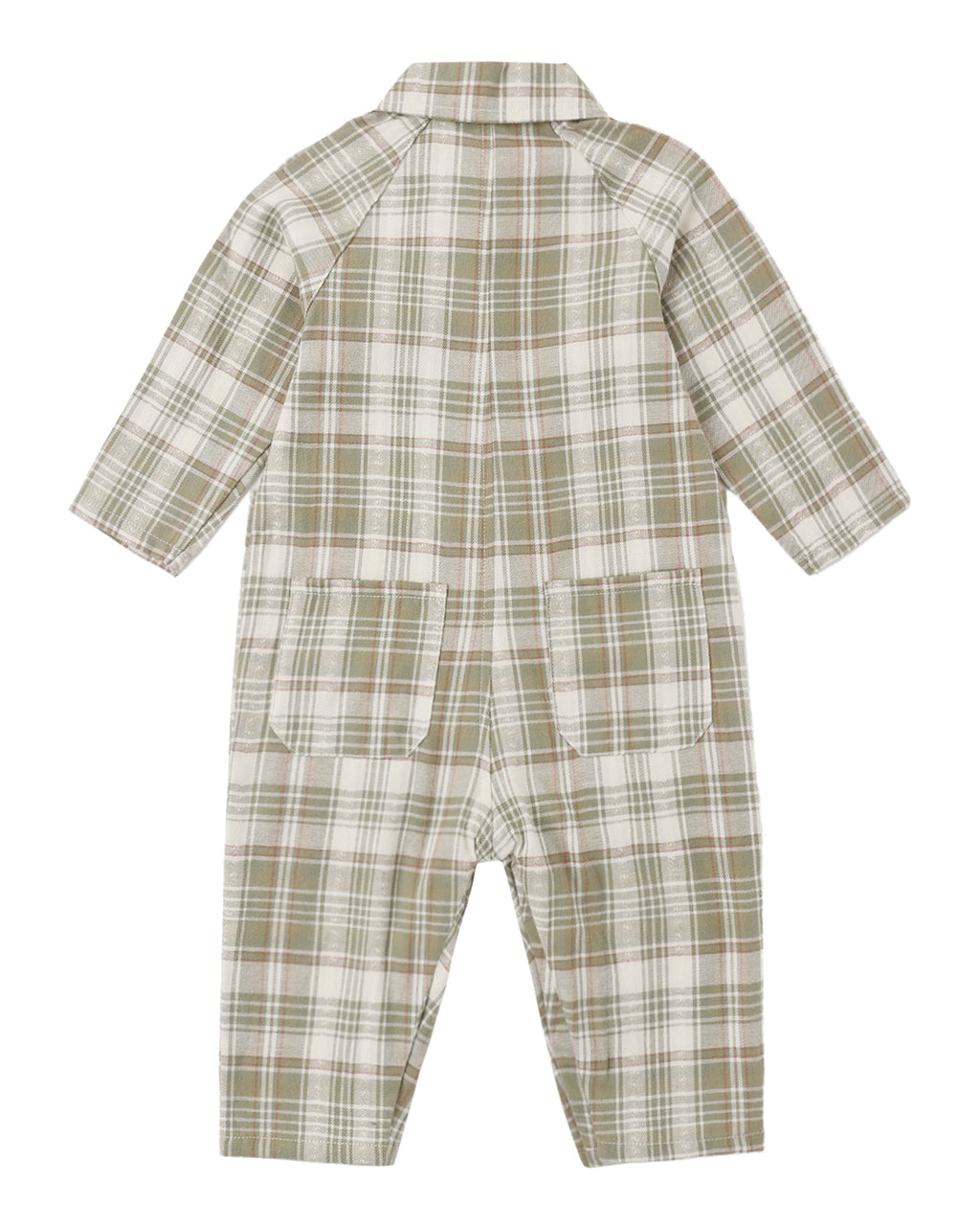 Olive Dobby Plaid Collared Baby Jumpsuit
