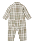 Olive Dobby Plaid Collared Baby Jumpsuit