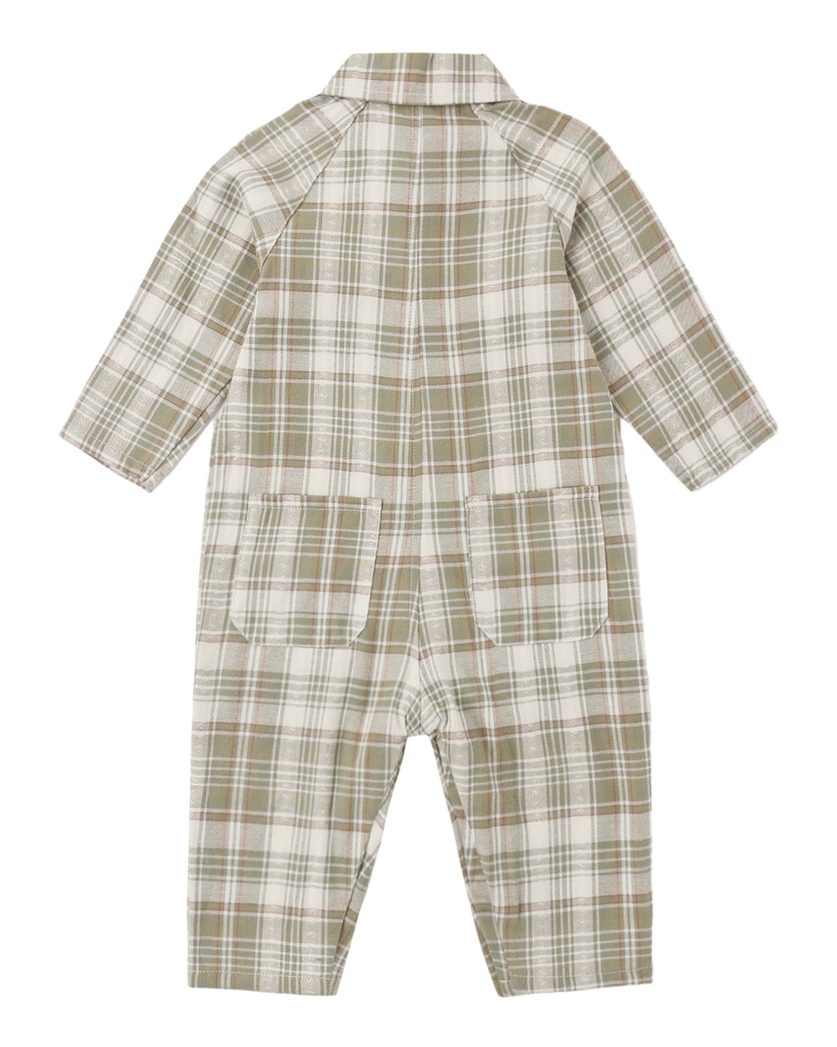 Olive Dobby Plaid Collared Baby Jumpsuit