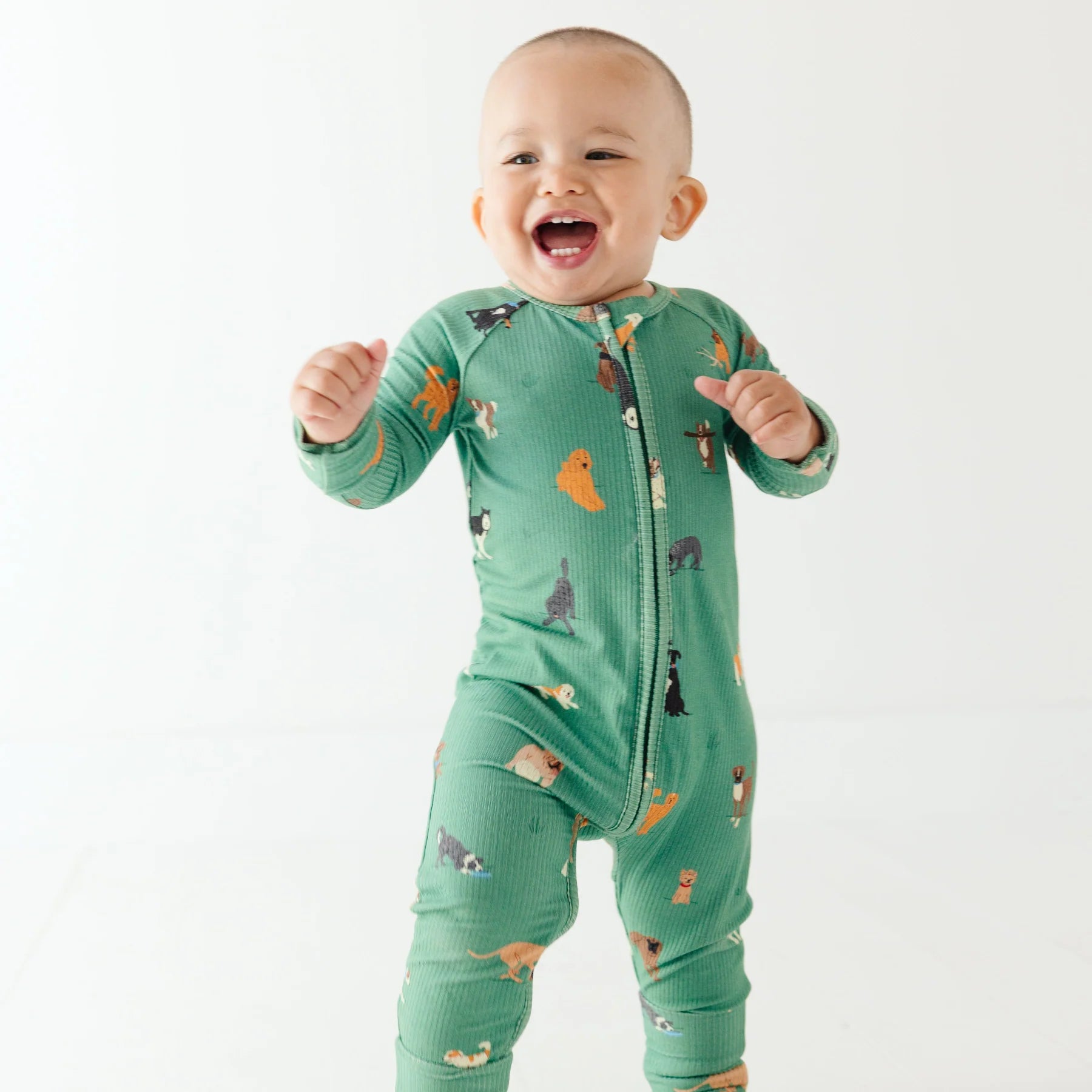 Dogs Green Ribbed Zip Romper