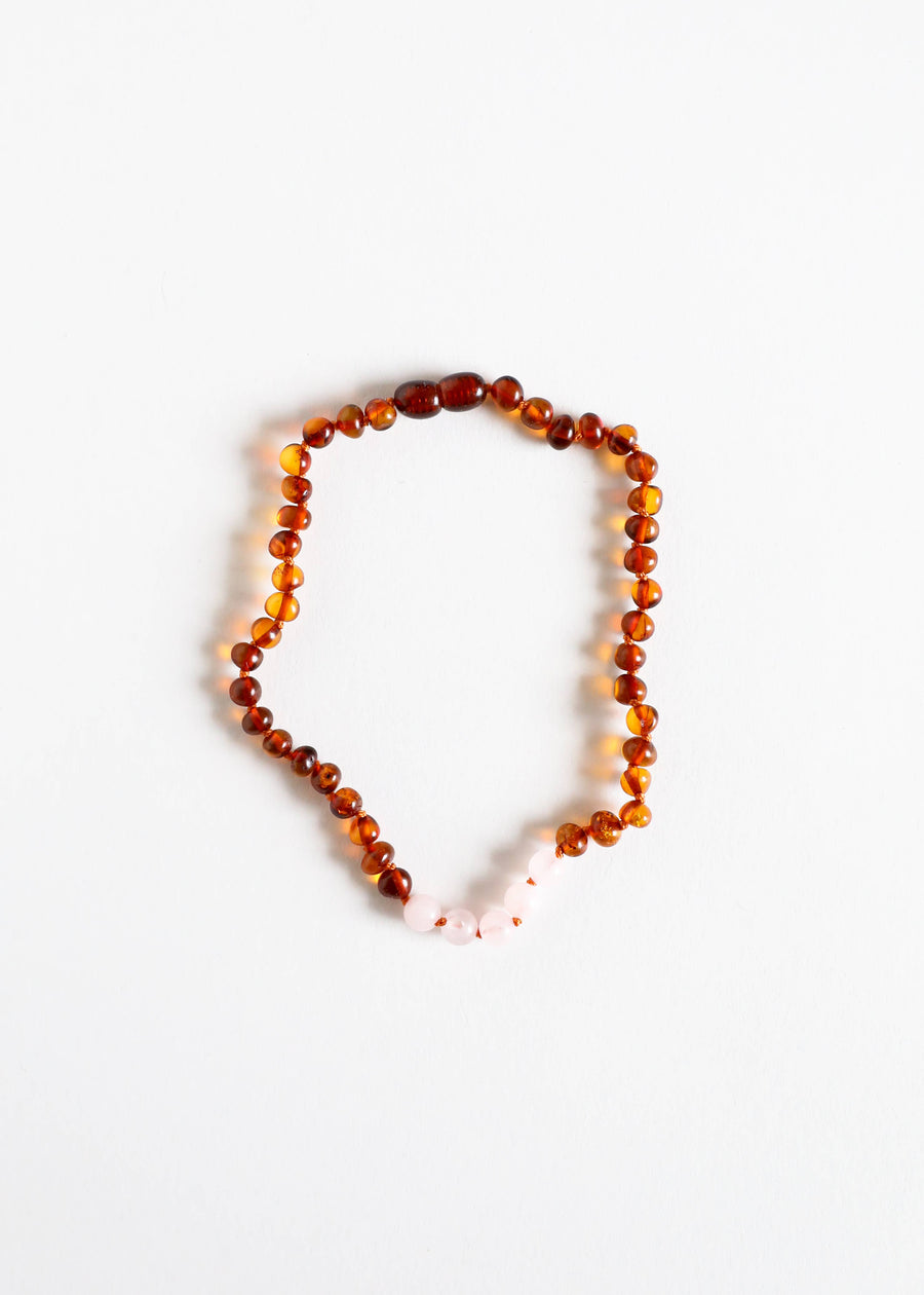 Polished Cognac Amber + Rose Quartz Necklace