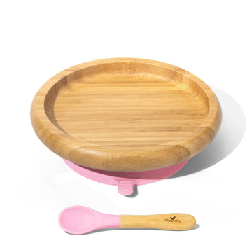 Bamboo Suction Plate + Spoon - Pink