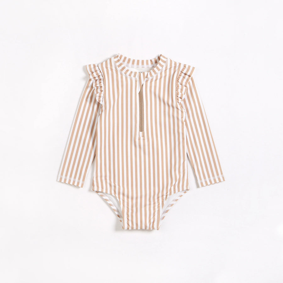 Taupe Striped Long Sleeve One-Piece Swimsuit