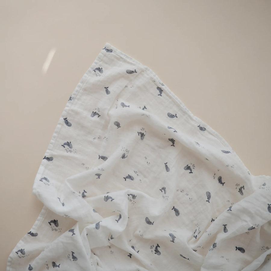 Organic Cotton Muslin Swaddle - Whales