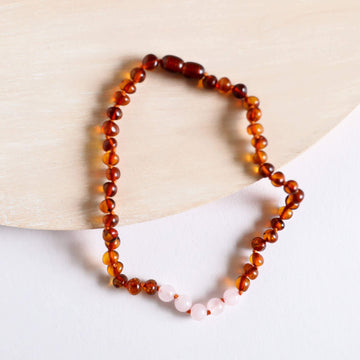 Polished Cognac Amber + Rose Quartz Necklace