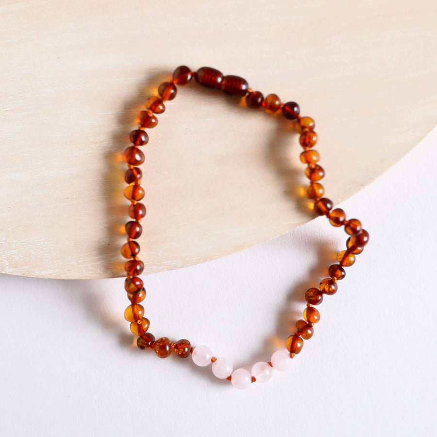 Polished Cognac Amber + Rose Quartz Necklace