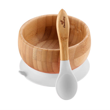 Baby Bamboo Suction Bowl + Spoon - White